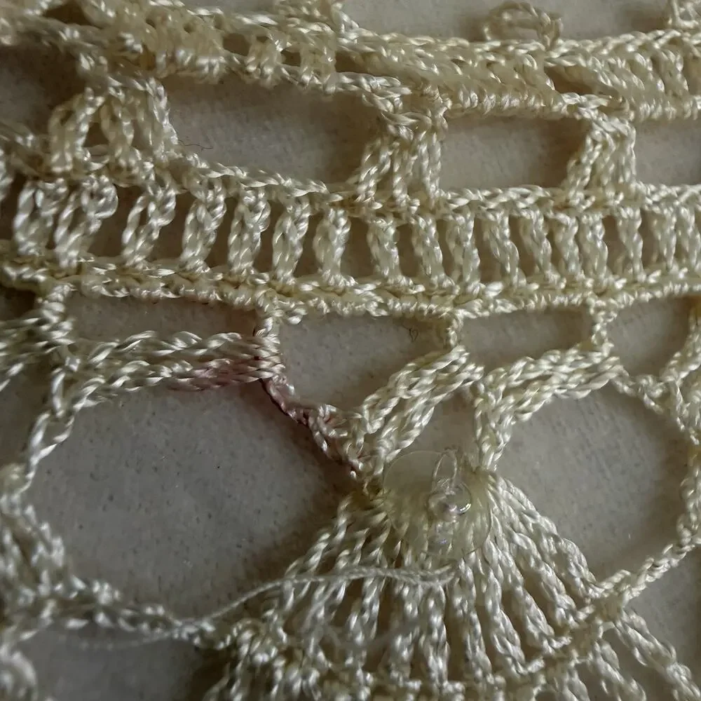 Vtg 70s Hand Crocheted Ivory Sweater Womens M Beaded Bohemian Boho Hippie